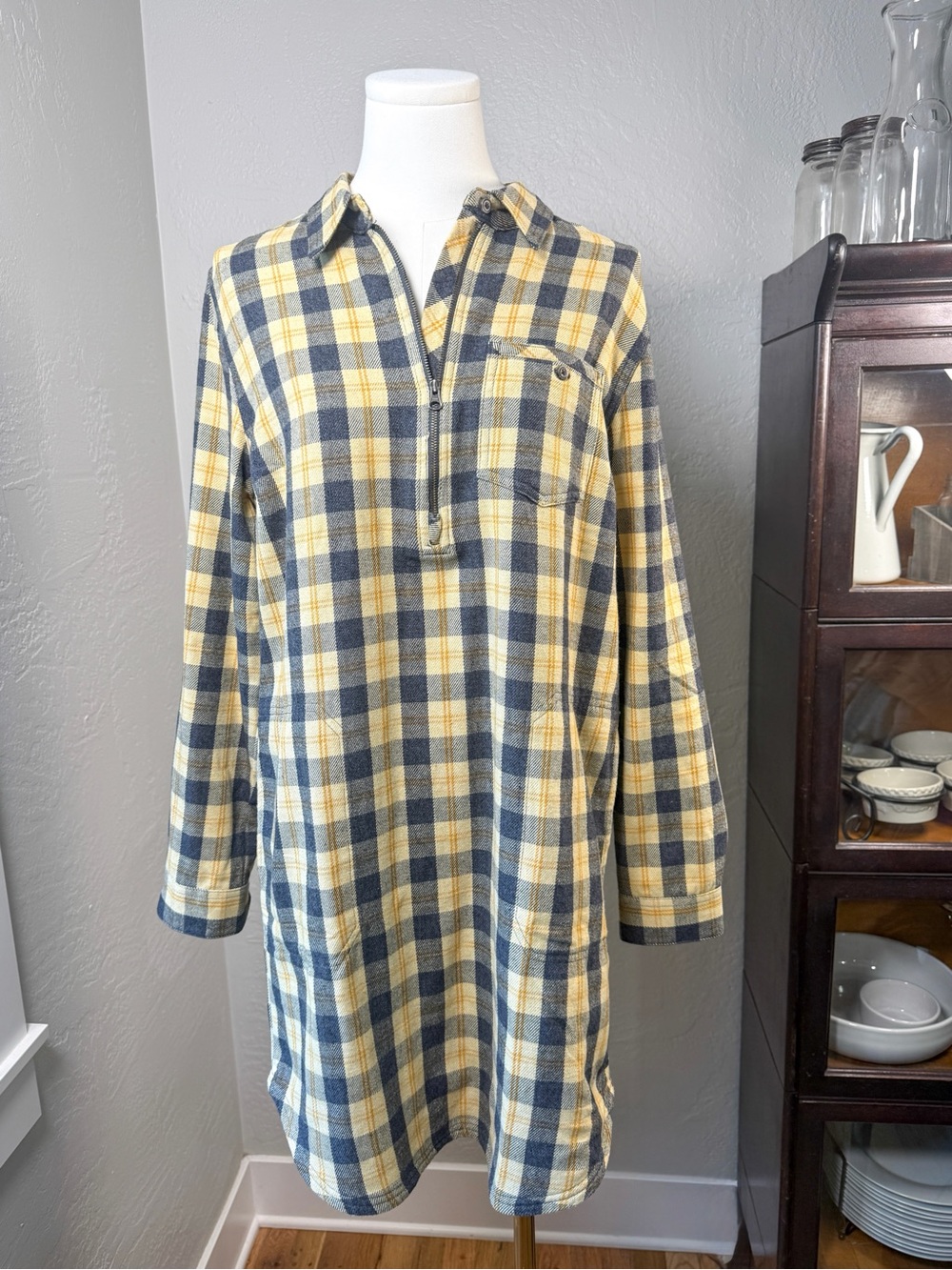 Toad&Co Plaid Flannel Shirt Dress Yellow Blue Long Sleeve Size S